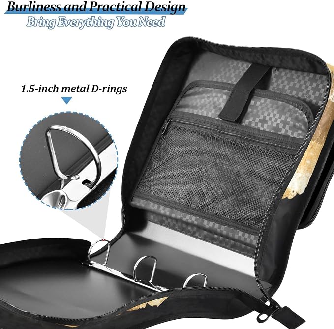 3 Ring Zipper Binder with Shoulder Strap Leopard Skin Golden Heart 1.5 inch Binders Keeper Large Capacity Multi Pockets for School Office Supplies