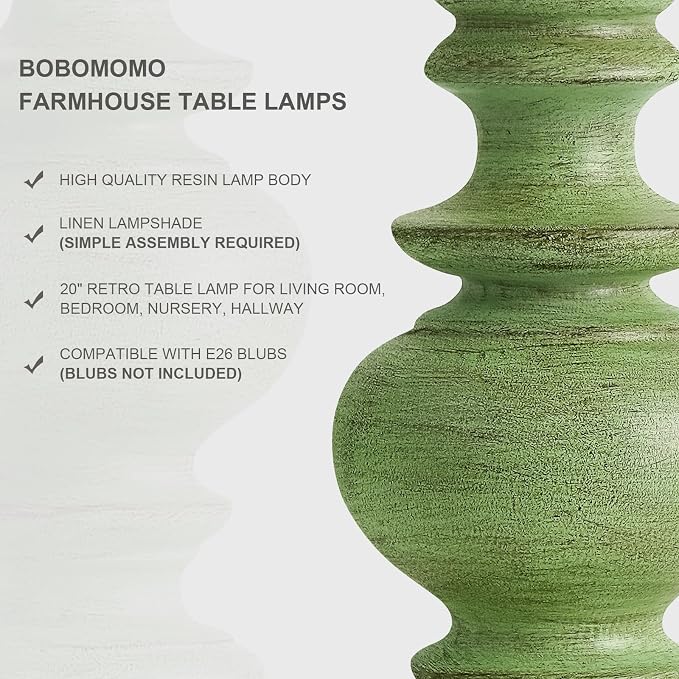 BOBOMOMO 20" Sage Green Table Lamps Set of 2 – Farmhouse Resin Bedside Lamps with Linen Shades, Handcrafted Traditional Rustic Lamp for Bedroom, Living Room, or Corner – Ideal for Small Spaces