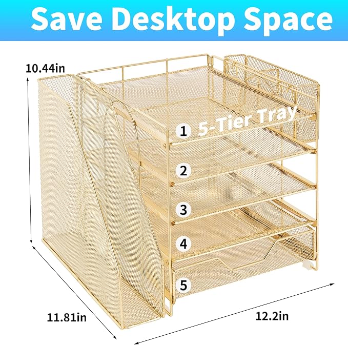 5-Tier Desk File Organizer with Drawer & Pen Holder (Gold) | Desk Organizers and Accessories, Office Desk Accessories & Workspace Desktop Organizers for Classroom, Home, Office Supplies