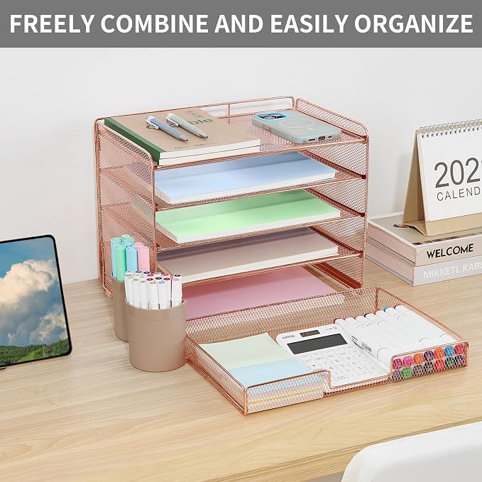 LEKETREE Desk Organizer and Accessories, 5-Tier Paper Letter Tray Organizer with Drawer & 2 Pen Holders for Desktop File Organization, Office Desk Accessories for Supplies Storage (Rose Gold)