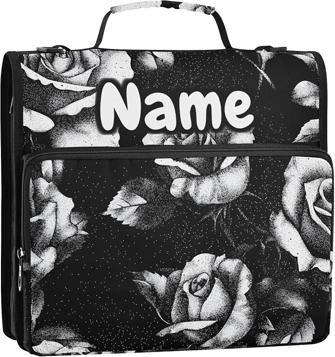 Custom Black and White Roses 3 Ring Binder Bag 1.5 inch Personalized Name Binder Organizer 500 Sheet Documents Storage for School Office