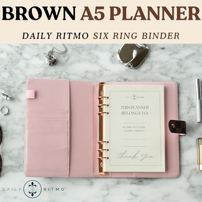 DAILY RITMO™ PU Checkered Leather A5 Six Ring Binder Planner Cover with 160 Pages of Daily To Do List 5.5" x8" | 6 Rings Updated Refillable Half Size Notebook Journal Photocard Budget Agenda