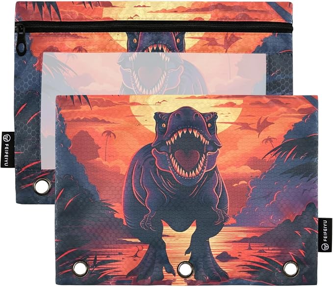 Dinosaur Pencil Pouch for 3 Ring Binder, 2 Pack Waterproof Pencil Bags Clear Window Zipper School Office Supplies