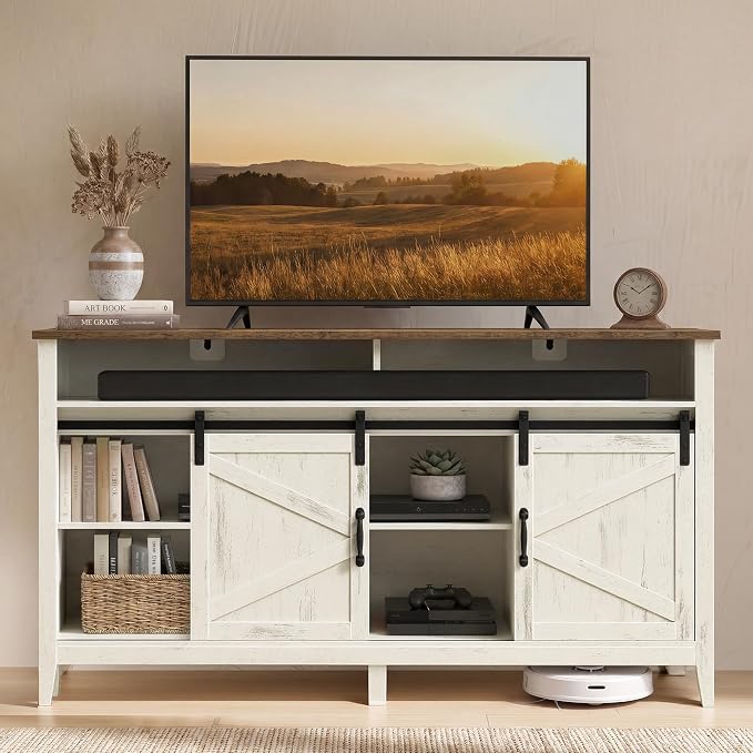 VASAGLE Tall Farmhouse TV Stand, Entertainment Center with Barn Doors, Storage Media Console Table for Living Room, 58.3 x 15.7 x 31.9 Inch, Rustic White and Honey Brown, LIRY Collection ULTV031W101S