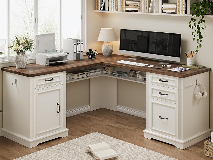 Farmhouse L Shaped Executive Desk with 4 Drawers, Home Office Desk with Hidden Under-Desk Storage Shelf and Charging Station, File Cabinet Storage, Wood Corner Computer Desk for Work(White+Brown)