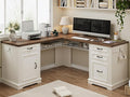 Farmhouse L Shaped Executive Desk with 4 Drawers, Home Office Desk with Hidden Under-Desk Storage Shelf and Charging Station, File Cabinet Storage, Wood Corner Computer Desk for Work(White+Brown)