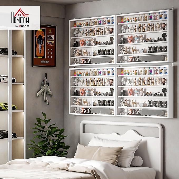 HOMCOM 5-Tier Wall Mounted Display Cabinet Glass Doors 60x80cm, White | Display Case, 4 Adjustable Shelves, for Home Office Ornaments