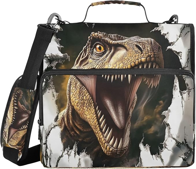 3 Ring Zipper Binder Dinosaur Binder Organizer Portfolio with File and Shoulder Strap & Handle Large Capacity File Folder