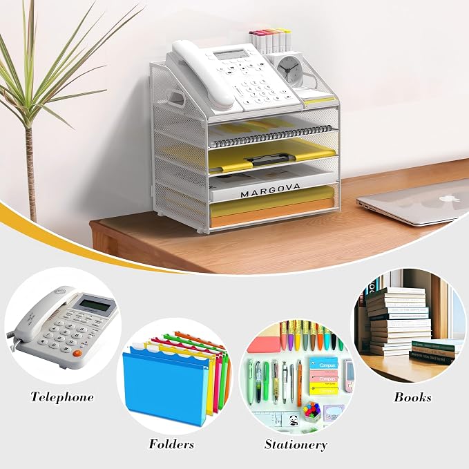 5 Tier Mesh Desk Organizer with Pen Holder and Handle Letter Tray | Metal desktop document shelf and paper sorter. Premium mesh workspace storage for office, home, and classroom