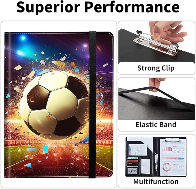 Padfolio/Portfolio Folder Clipboard,Padfolio Clipboard,Writing Portfolio Leather with Cover for Card Holder Slot Letter Size A4 for Office Conference Notepad Clip Boards,Football