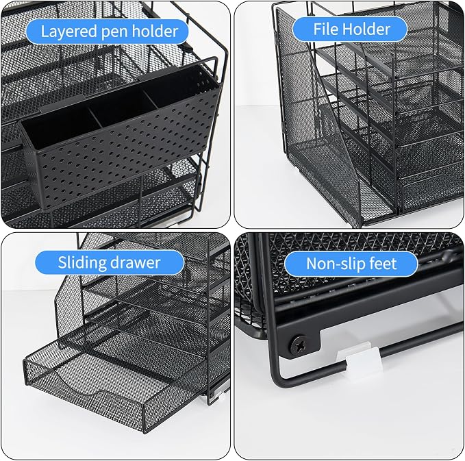 5-Tier Desk Organizer with Drawer and Pen Holder, Black | Paper Letter Tray Organizer with File Holder, Suitable for Workspace Organizer Office Supplies Storage
