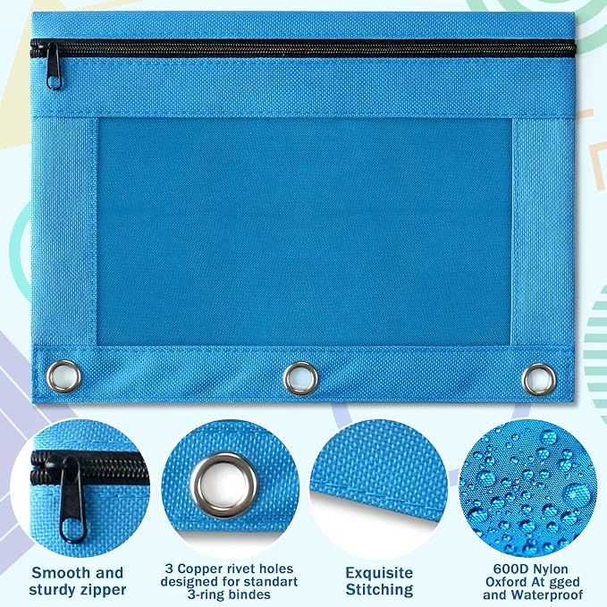 Pencil Pouch for 3 Ring Binder, 72 Pack Pencil Pouches with Zipper & Clear Window - 6 Assorted Color, Pencil Case Bulk for 3-Holes Binder, Multi-Purpose Storage Bag for Office, School Supplies (72)