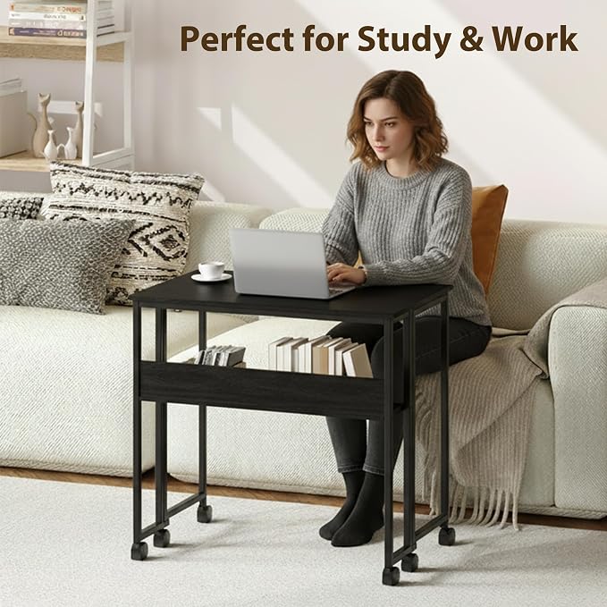 24.8" Folding Desk Rolling Desk with Storage Shelf,Space-Saving Foldable Computer Desk with Wheels,Portable Mobile Couch Sofa Side Table for Small Spaces, Home Office, Study, Easy Assembly,black