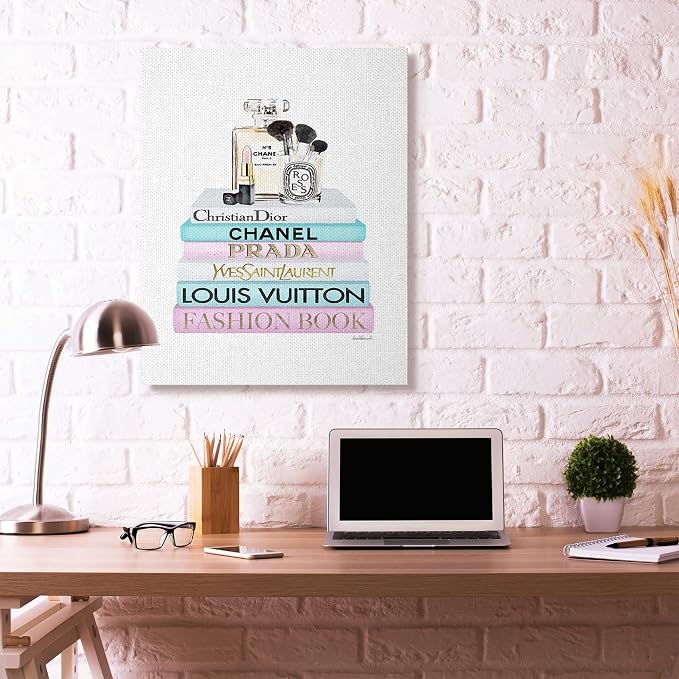 Fashion Designer Makeup Bookstack, 36 x 48 Inch Canvas Wall Art | Stupell Industries · By Amanda Greenwood · Ready to hang · Great for fashion inspired spaces · Made in USA