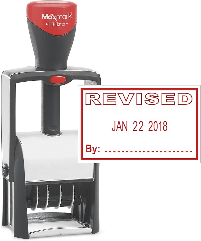 MaxMark Heavy Duty Self Inking Date Stamp with Phrase Revised - Red Ink