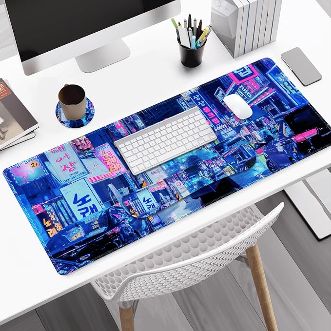 Large Gaming Mouse Pad Set, 4 in 1 Extended Keyboard Desk Mat with Wrist Rest, Computer Game Mousepad, Non-Slip Desk Pad Protector Easy Typing Pain Relief for Home Office I Anime Neon Street