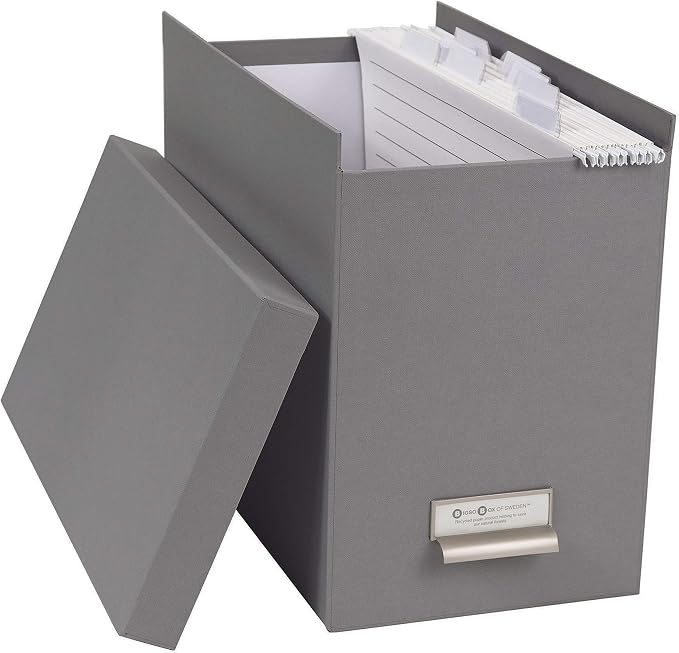 Bigso John Fiberboard Label Frame Desktop File Storage Box - Document Organizer for Important Paperwork - Durable Hanging File Box with a Lid & Metal Label Window - 7.36 x 13.38 x 10.51 in - Grey