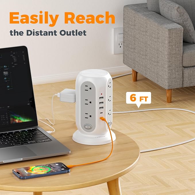 TESSAN Tower Power Strip Surge Protector, Flat Extension Cord 6 Ft, Grey | Individual Switches with 12 Outlets, 5 USB Ports(2 USB C), Flat Plug, Charging Station for Multiple Devices, Office, Dorm