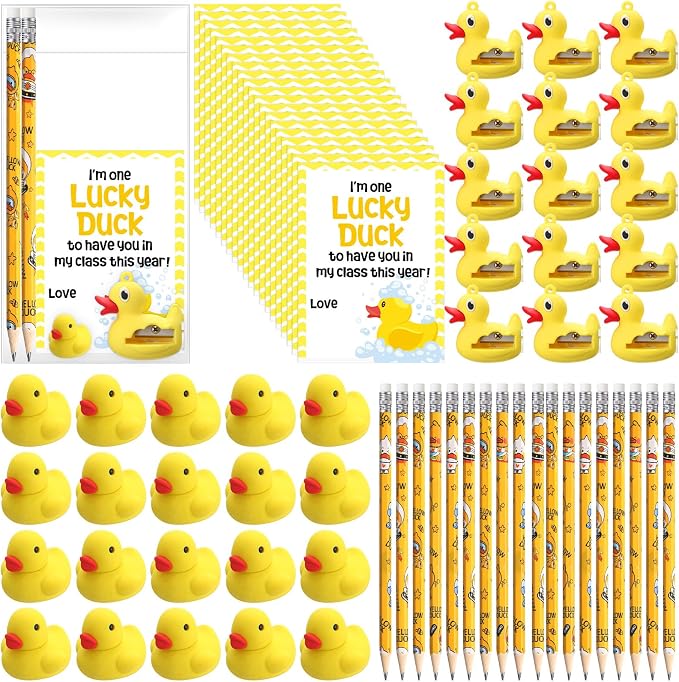 Inspirational Gift 50 Yellow Motivational Duck Pencils Cute Pencils 25 Duck Pencil Sharpener 25 Yellow Eraser 25 Welcome Cards Gift for Kids