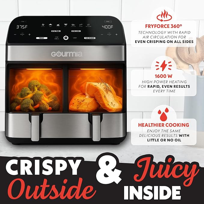 Gourmia Dual Basket Air Fryer - 10 Qt Large Capacity, FryForce360º, Digital Display with 7 Presets, Roast, Bake, Broil, Dehydrate, Match Cook, Sync Finish, Dishwasher Safe Accessories, Black
