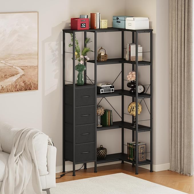 AFLUI Corner Bookshelf with LED Light Strips & 4 Fabric Drawers, 5-Tier Convertible Corner Shelf with Display Shelf, Large Wood Industrial Bookcase for Living Room, Bedroom, Home Office, Black