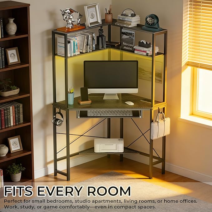 Corner Desk with Hutch and LED Light, Keyboard Tray, Carbon Black