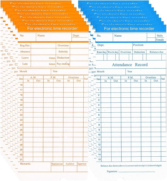 Flexzion Time Cards, Monthly Timesheet, Clock Timecard - 270 Pack, 6 Column 2-Sided Orange/Blue, Card for Time Punch Clock, Employee Attendance, Payroll Recorder, Small Business