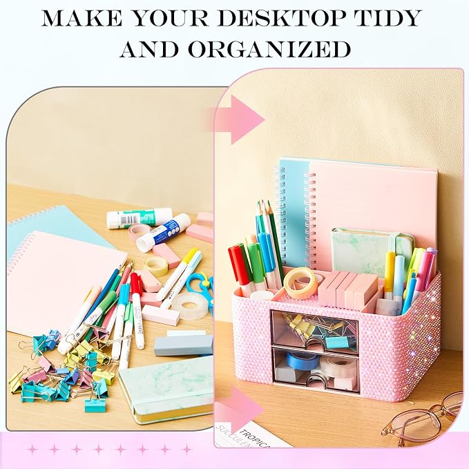 MotiMind Pink Bling Desk Organizer with 2 Drawer, Sparkly Makeup Organizer for Vanity, Girly Desk Accessories, Rhinestone Pen Holder, Elevate Your Workspace with Pink Serenity (Diamond)