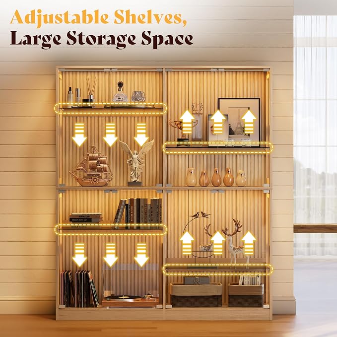 AMERLIFE 60-Inch RGB Display Cabinet with Glass Shelves | 70 H x 60 W x 16 D In, 4-Tier Storage, RGB LED Lights, Press-to-Open Doors, for Collectibles, Wood-Grain Slatted Finish