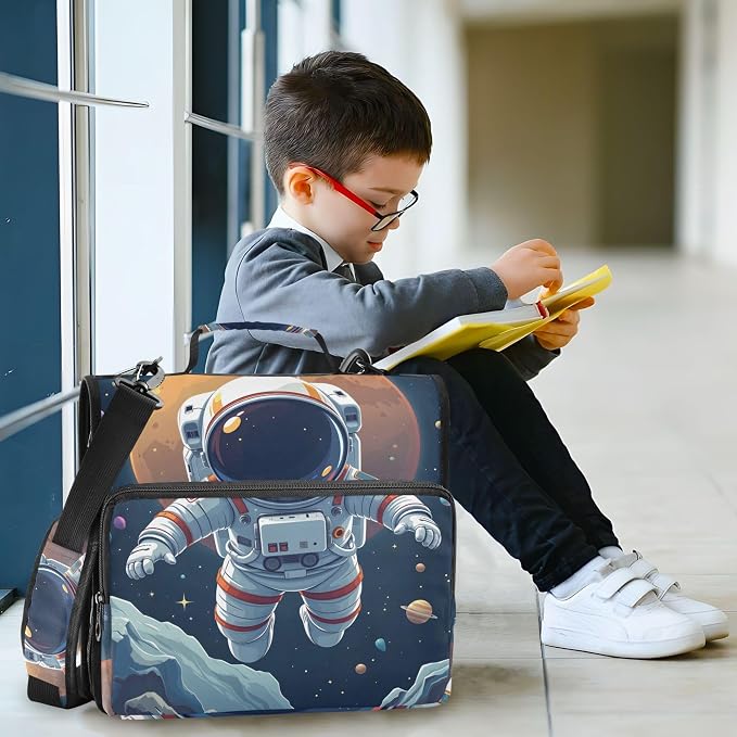 MNSRUU 3 Ring Binder Bag, 2 Inch D-Rings Easily Organizes 1 Inch Fits Letter Sized Paper, Cute Astronaut Large 3 Hole Zipper Binder Organizer for School Office Supplies