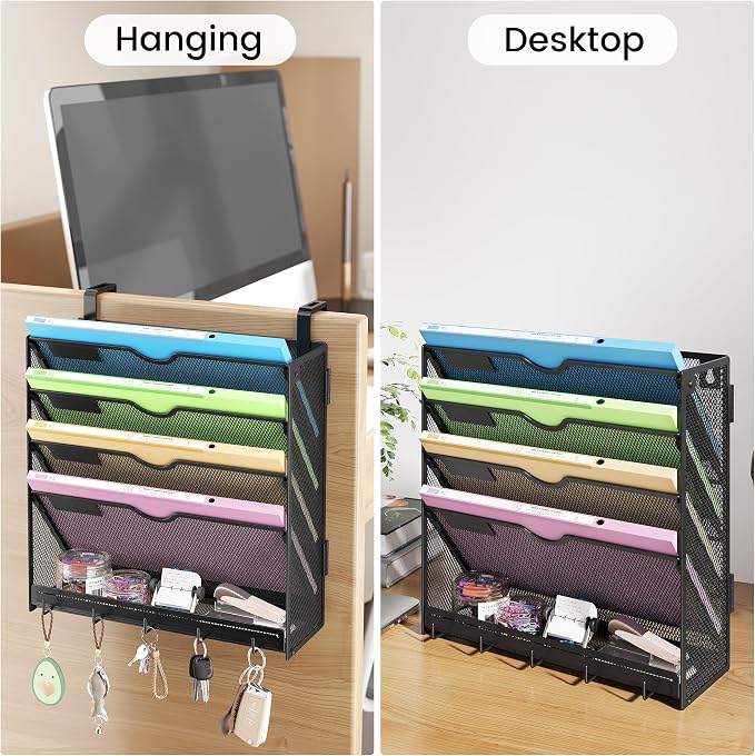 Hanging Wall File Organizer 5-Tier Wall Mount Mail Organizer | Desk Paper Organizer, Sleek Black Metal File Folder Holder for Office, Cubicle (Black-5 Tier)