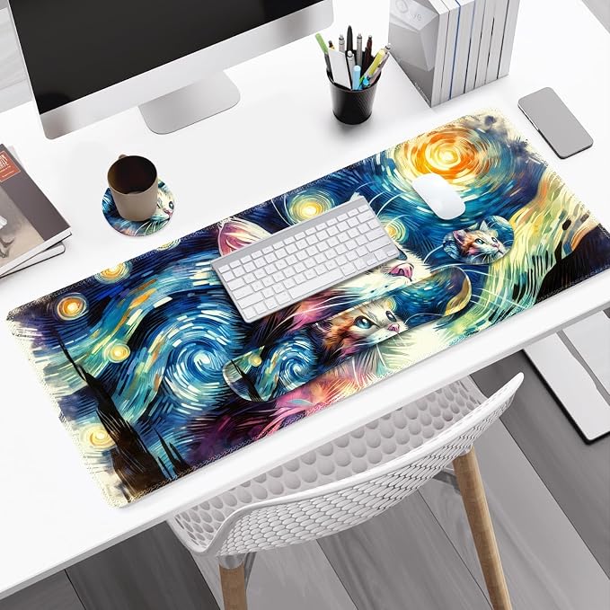 Large Gaming Mouse Pad Set, 4 in 1 Ergonomics Keyboard Desk Mat Memory Foam Wrist Rest, Computer PC Extended Game Mousepad, Non-Slip Desk Matt Easy Typing Pain Relief I Starry Night Art Cat