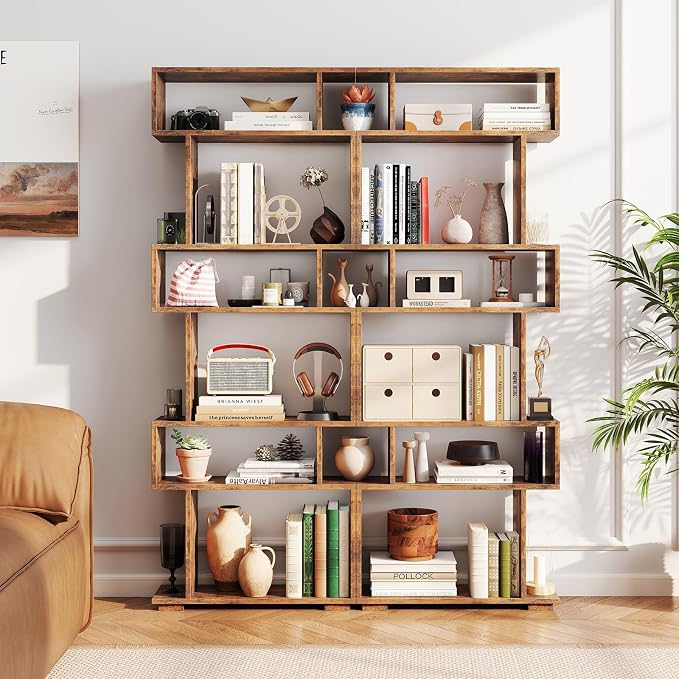 Tangkula 6-Tier S-Shaped Bookshelf, 64" Freestanding Geometric Bookcase, Home Office Wood Storage Shelf with Anti-Toppling Device, Room Divider Display Rack for Study, Living Room (2, Rustic Brown)