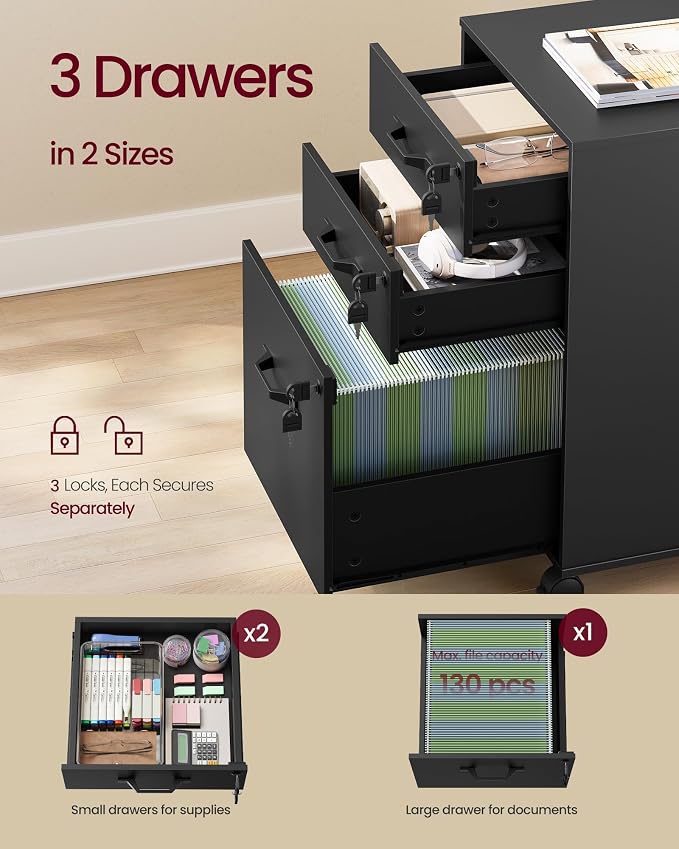 VASAGLE 3-Drawer Mobile File Cabinet, Home Office, Locking, Printer Stand | Highlight: Small Rolling, A4, Letter-Size Hanging File Folders, Ink Black, CUSTOS Collection UOFC084BC01SV1