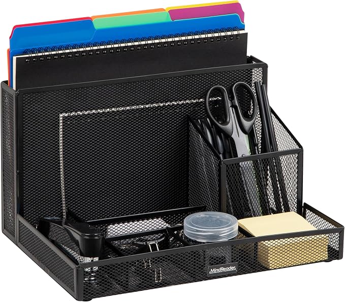 Mind Reader Desktop Organizer with Office Supplies Included, Vertical File, Storage, Metal, 12.5"L x 9"W x 7.25"H, Black