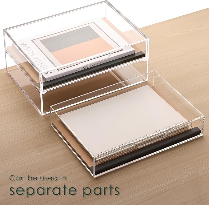 SANRUI 2 Tier Acrylic Desk Organizer with 2-Drawer, Clear File Organizer | 2 Open Drawers, Organize Office Desk Accessories & Sort Pens, Notes, Makeup, Jewelry & Toiletries for Office, Vanity & Bath