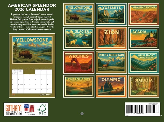 National Parks Vintage Travel Poster Calendar 2026 Monthly Wall Calender 12 Month | American Made In The USA
