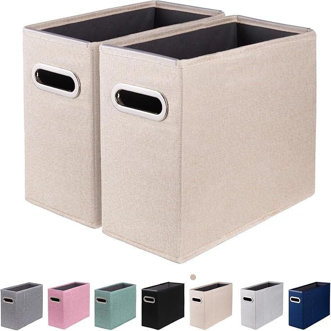 2 Packs Letter Size File Organizer, File Folders Organizer, Fabric Storage Box, Collapsible Paper Organizer with Metal Handle, Smooth PVC Rails, Only Box (Beige)