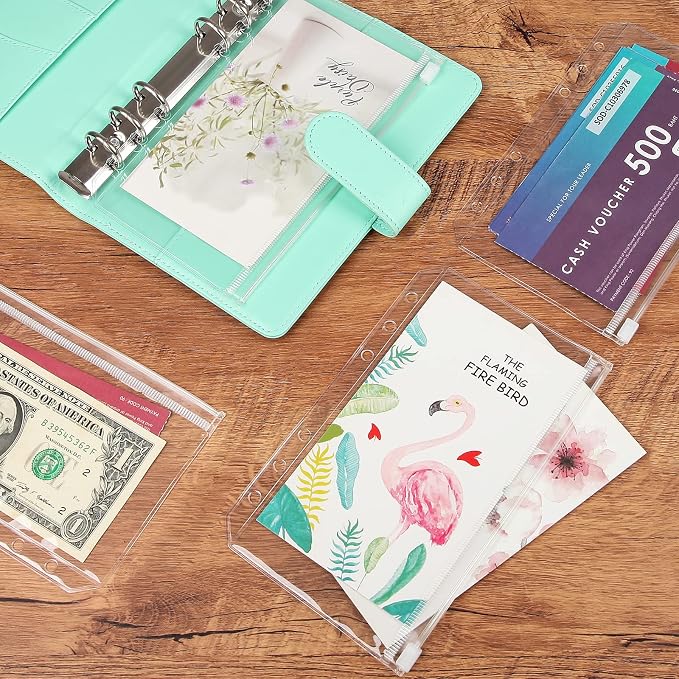 60pcs Transparent A6 Binder Pockets 6 Holes Zipper Folders PVC Card Loose Leaf Bags Cash Envelopes for Budgeting Binder Waterproof Filing Bags for 6 Ring Notebook Planner Inserts