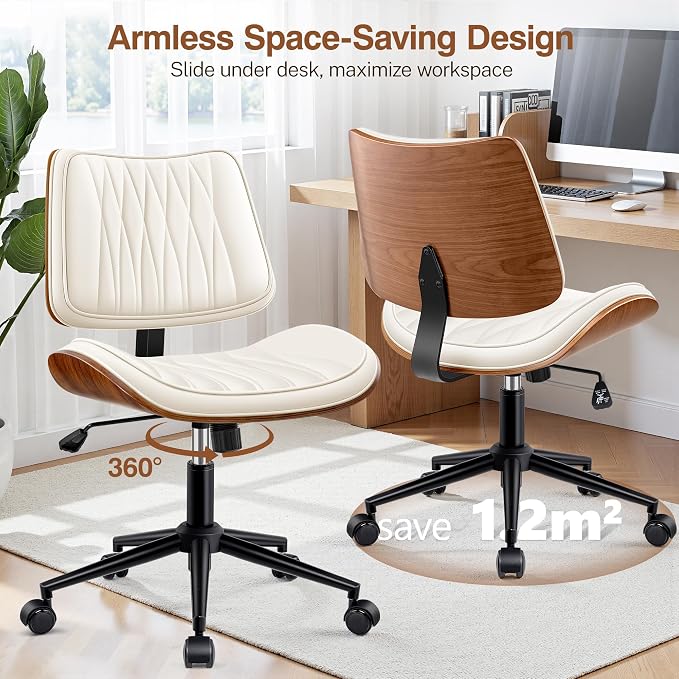Ergonomic Armless Office Desk Chair - Mid-Century Modern White Faux Leather with Diamond Stitch, Adjustable Height Swivel Rolling Task Computer Chair with Walnut Accent for Home Office, Study & Work