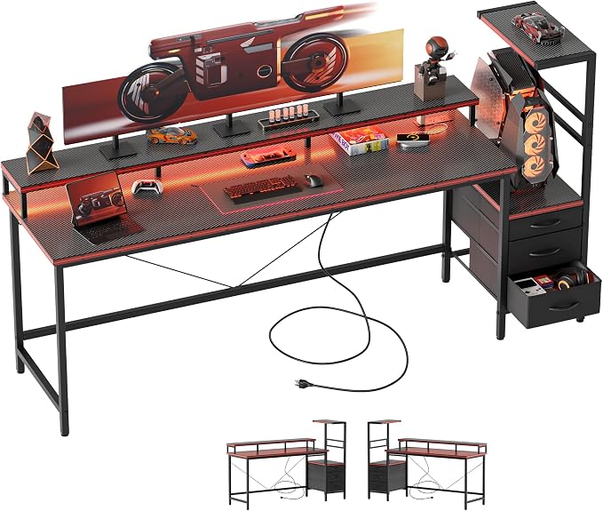 68 inch Gaming Desk with Drawers, Reversible Computer Desk, Black | Gamer Desk with LED Lights, Power Outlets & Monitor Stand, Large Office Table for Home Bedroom Study Work Writing