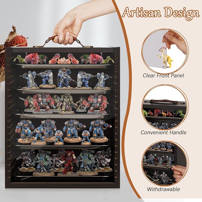 Miniature Carrying Case, Wooden Display Case for Action Figures, Black | Miniature Storage, Miniature Display Case, Miniatures Transport Case, Display Shelf for Collectibles & Mini Figures