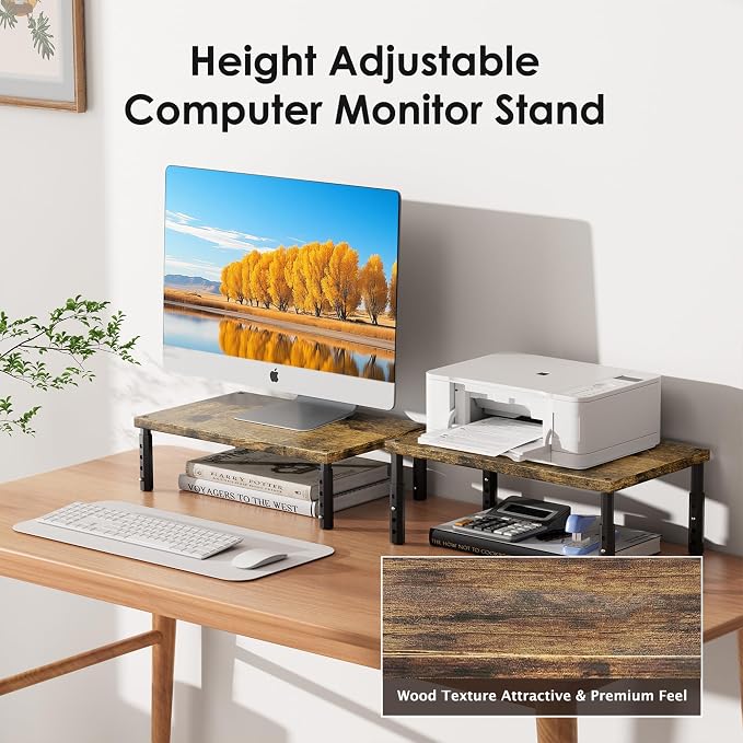 ECOLOVI Adjustable Wood Computer Monitor Stand Riser, Office Desk Organizer and Accessories for Monitor, Laptop, PC, Printer, Office Desk Accessories Workspace Organizer for Home Office Supplies, Brown