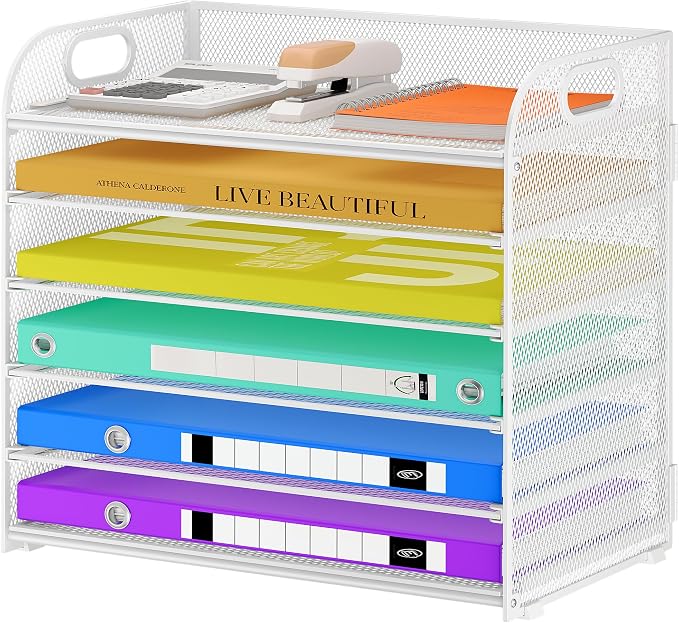 Cawukege 6 Tier Paper Organizer with Handle, Metal Desk Organizer Mesh Paper Letter Tray Desktop File Folder Document Sorter for Classroom, School, Office Accessories Storage (1, 6 Tier - White)
