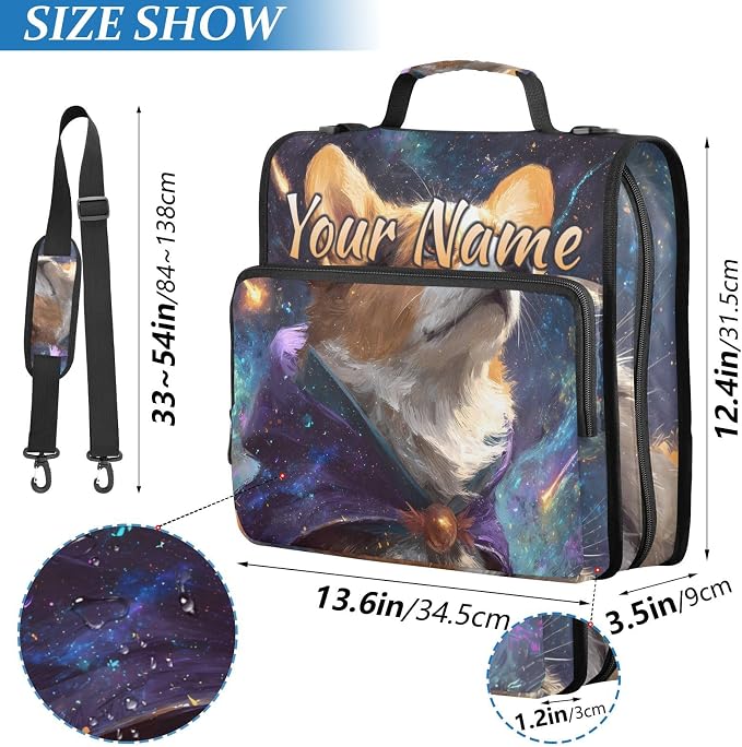 Custom 3 Ring Zipper Binder Corgi Starry Sky Galaxy Personalized Name 2 Inch Zippered Binder Bag Multi Pockets for School Supplies