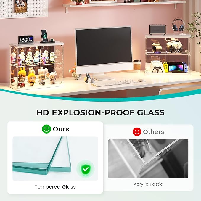 Dystler Glass Display Case with LED Lights, Small 2-Tier for Figures | Lighted Display Cabinet with Motion Sensor, Clear Tempered Glass Door, USB-C Charging Hub for Collectibles, Rocks, Tabletop