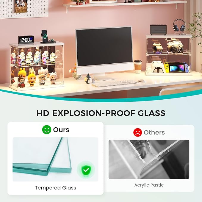 Dystler 2pc Glass Display Case with LED Lights, Small 2-Tier for Figures | Lighted Display Cabinet with Motion Sensor, Clear Tempered Glass Door, USB-C Charging Hub for Collectibles, Rocks, Tabletop
