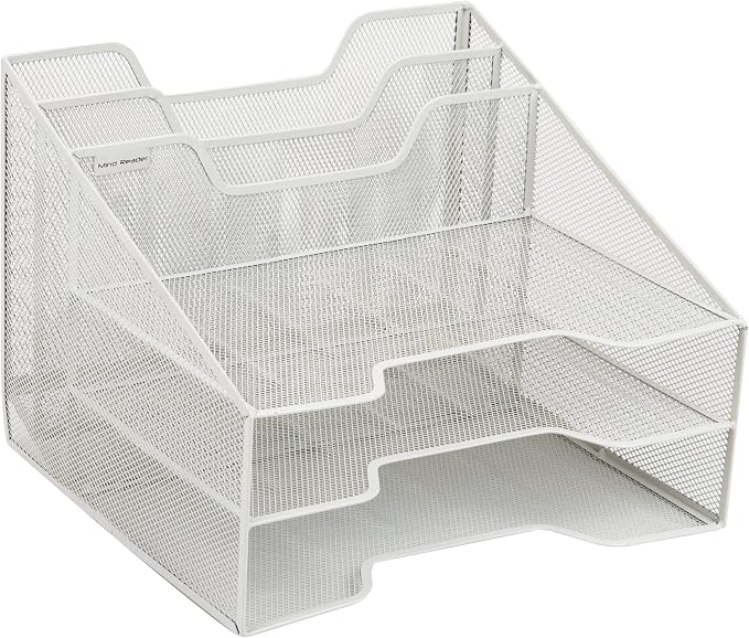 Mind Reader Metal Mesh Desktop File Organizer, 3-Tier Paper Tray with 5 Compartments, Office Mail Sorter, White