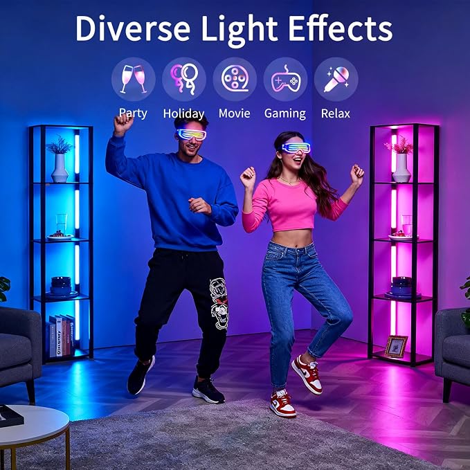 RGBCW Floor Lamp with Shelves, LED Smart Modern Floor Lamp with Music Sync, Color Changing Corner Display Shelf Lamp, Standing Lamp with Shelves for Living Room and Bedroom, Office, Black