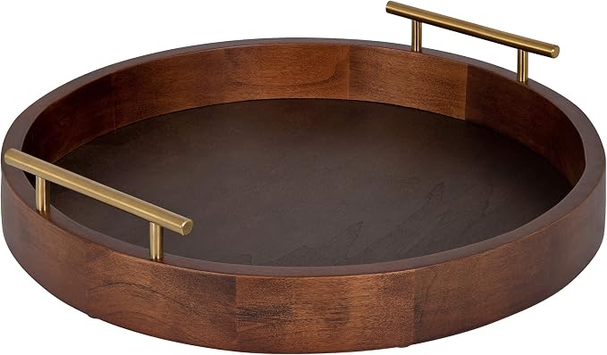 Kate and Laurel Lipton Mid-Century Modern Round Wooden Tray, 15.5" Diameter, Dark Walnut Brown with Gold Handles, Decorative Accent Tray for Storage and Display